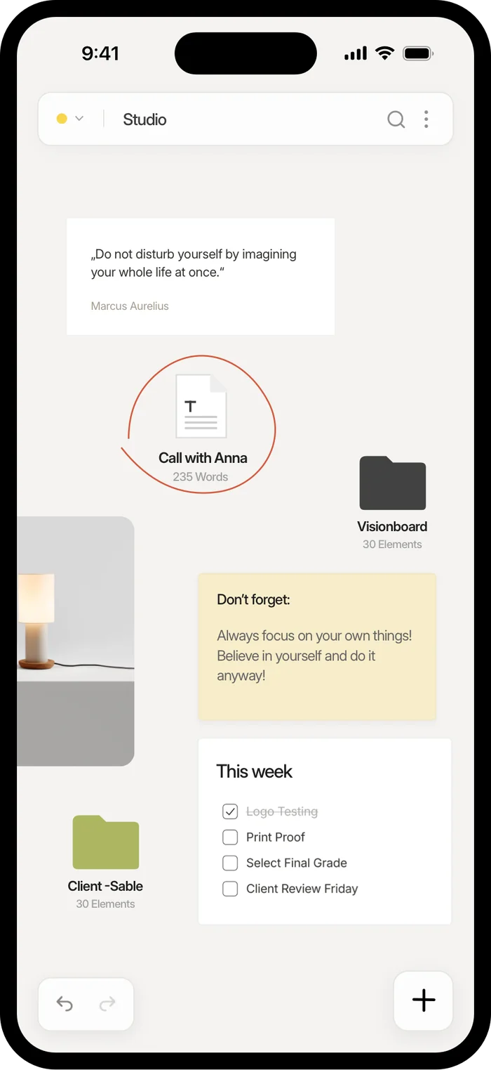 The full visualOS canvas on an iPhone — notes, folders and a to-do list on the go