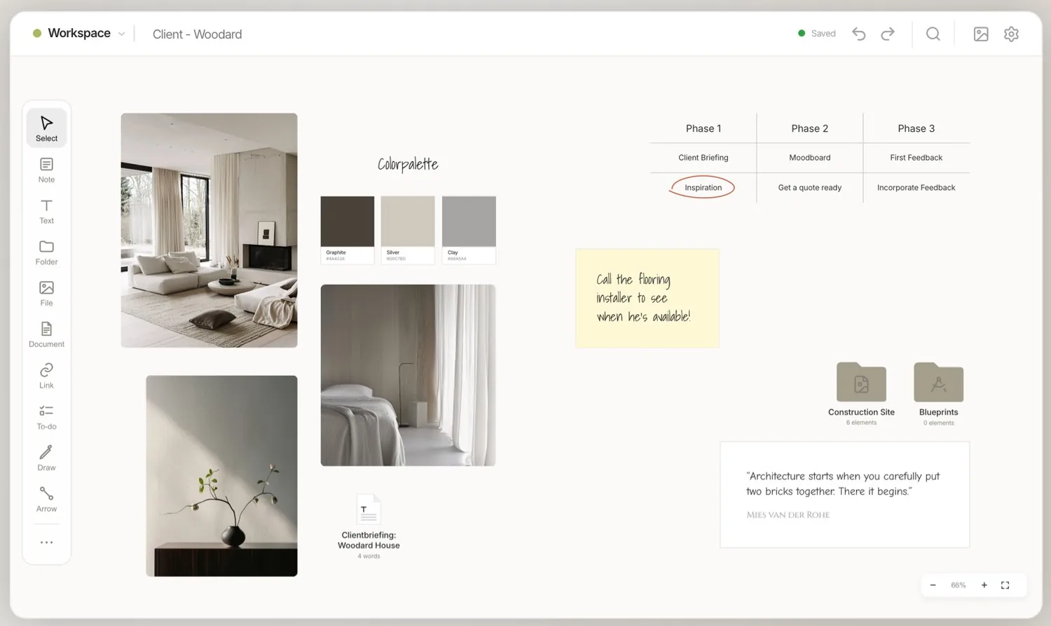 A visualOS moodboard for an interior design project: interior photos, a colour palette with three named swatches, a project table, a sticky note and two folders