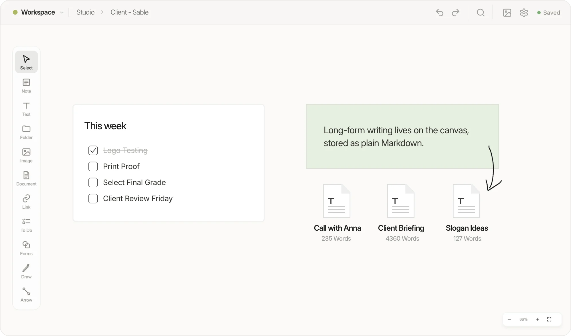 An interactive to-do list next to Markdown documents on the visualOS canvas