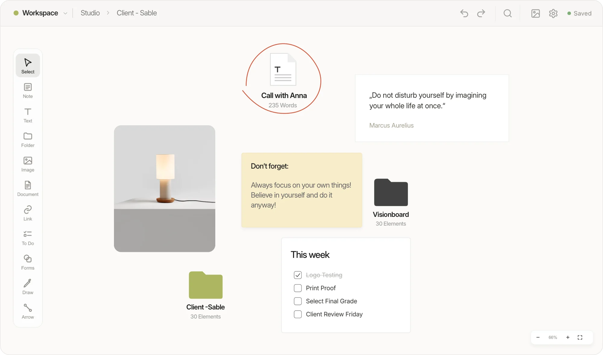 A visualOS canvas with an image, sticky notes, folders and a to-do list laid out side by side